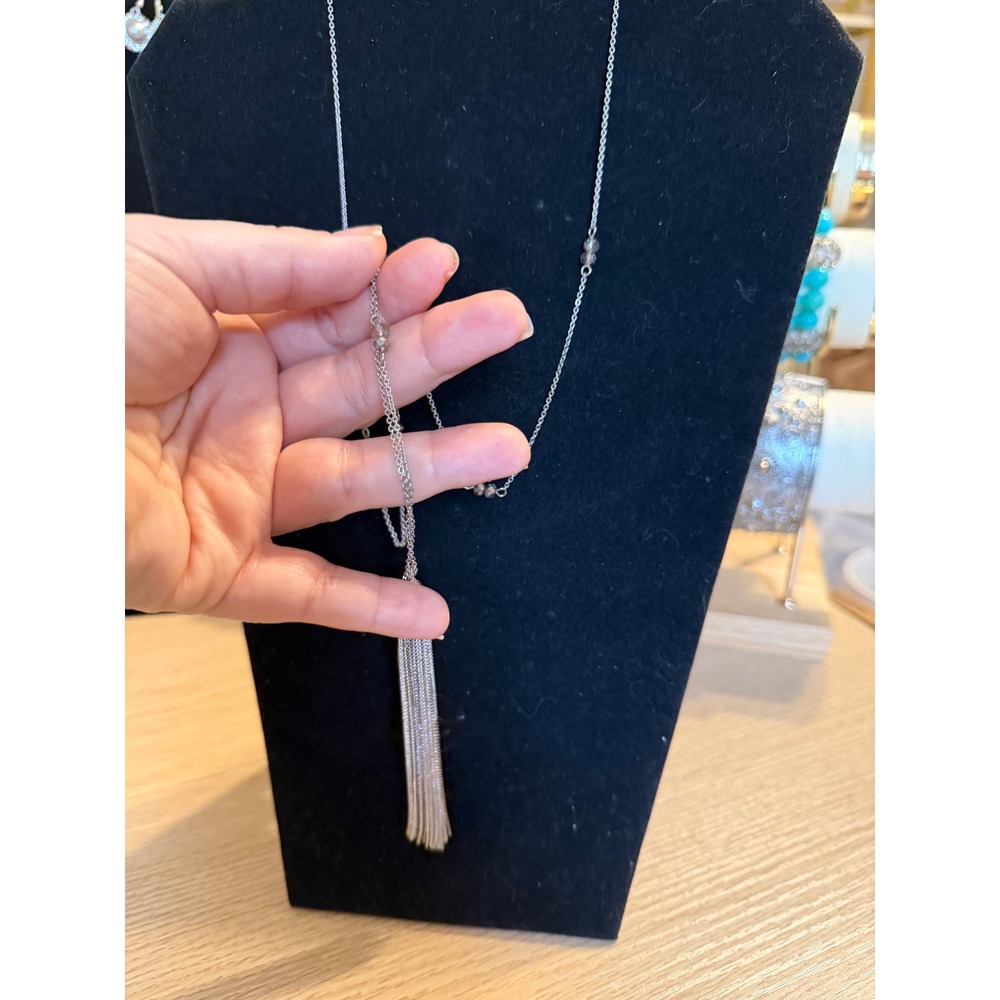Loft Silver Tone Long Tassel Pendant Necklace with Bead Accents 34 Inch Chain